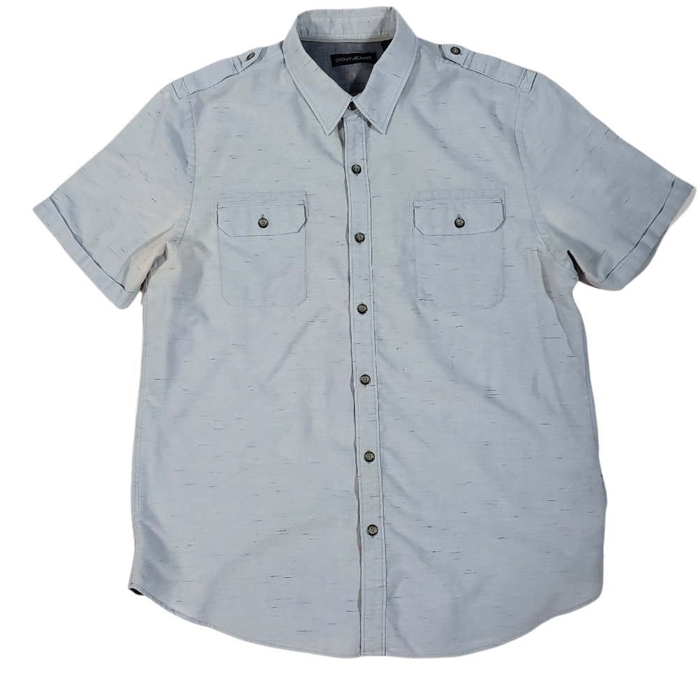 DKNY Jeans Blue Chambray Button Up Shirt Sz Large Casual Paint Splatter Print